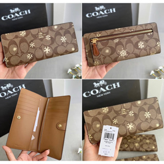 🎀 (สด-ผ่อน) กระเป๋าสตางค์ ยาว 2 พับ CF329 Coach Slim Wallet In Signature Canvas With Snowflake Print