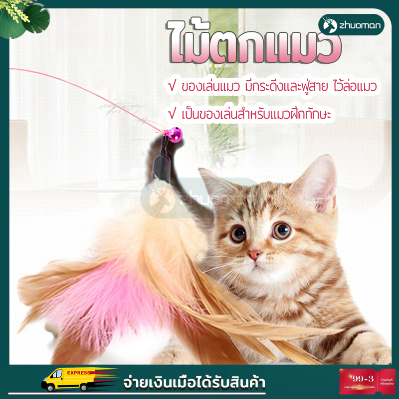 ของเล่นแมว ไม้ตกแมว ไม้ล่อแมว สายยาว 66 ซม. รุ่นปอมปอม มีกระดิ่ง/ ไม้แมว ขอเล่นแมว  ไม้แมว ยาวสุด ไม้ตกแมวขนนก