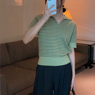 Matcha striped top เสื้อสีเขียวมัทฉะเนื้อไหมพรมนุ่มพร้อมส่ง