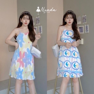 🌼Nunda Style 🌼 เดรสสายเดียวลายดอก เนื้อผ้าชีฟองอัดพีท มีซับในน่ารักหวานๆ ทะเลคาเฟ่ เดินห้าง ใส่ชิวๆ🌴