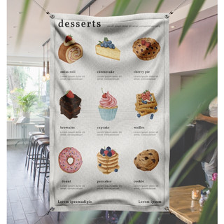 ป้ายผ้า แต่งร้าน ป้ายร้านเบอเกอรี่ แนวตั้ง คาเฟ่ ผ้าไมโคร พิมพ์ลาย ทนแดด ทนฝน ใช้งานได้ทน มีเก็บปลายทาง