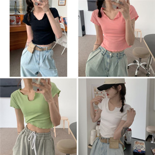 Jeanshop เสื้อครอปสีพื้น เสื้อเอวลอยแฟชั่นผู้หญิง สไตล์มินิมอล (m82)