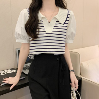 🌹✨เสื้อแขนสั้นคอปกโปโล ลายทาง แฟชั่น สำหรับผู้หญิง W109-108