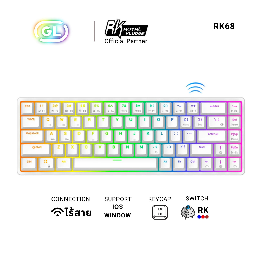 Royal Kludge RK68 คีย์บอร์ด65% 68ปุ่ม คีย์บอร์ดบลูทูธไร้สาย Tri-Mode RGB Mechanical Hot Swappable ga