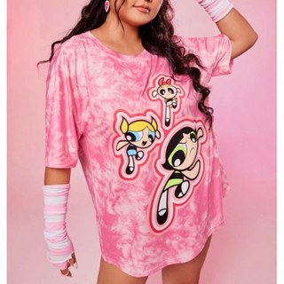 ลิขสิทธิ์แท้ 💖 พลัสไซส์ plus size เสื้อยืดพิมพ์ลายมัดย้อมสีชมพู ลาย the powerpuff girls เสื้อมัดย้อมสีชมพู เสื้อสาวอวบ