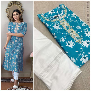 {**ส่งฟรี**} SMALL INDIA 🌺 Rayon Mix Cotton Kurti Set ชุดเซ็ทเสื้อกางเกง 🌺 Women Kurti Set