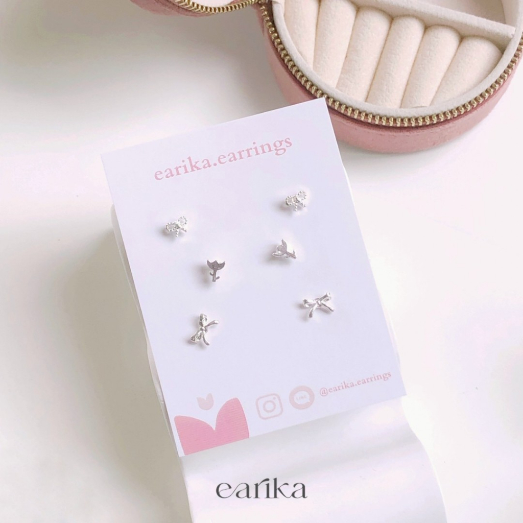 earika.earrings - tulip and ribbon set เซ็ตต่างหูดอกทิวลิป/ริบบิ้นก้านเงินแท้ชุบทองคำขาว คนแพ้ง่ายใส