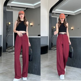 (K2.) Classy Pants Red Wine Color กางเกงตะขอหน้ากระบอกกลางแต่งหูเข็มขัด