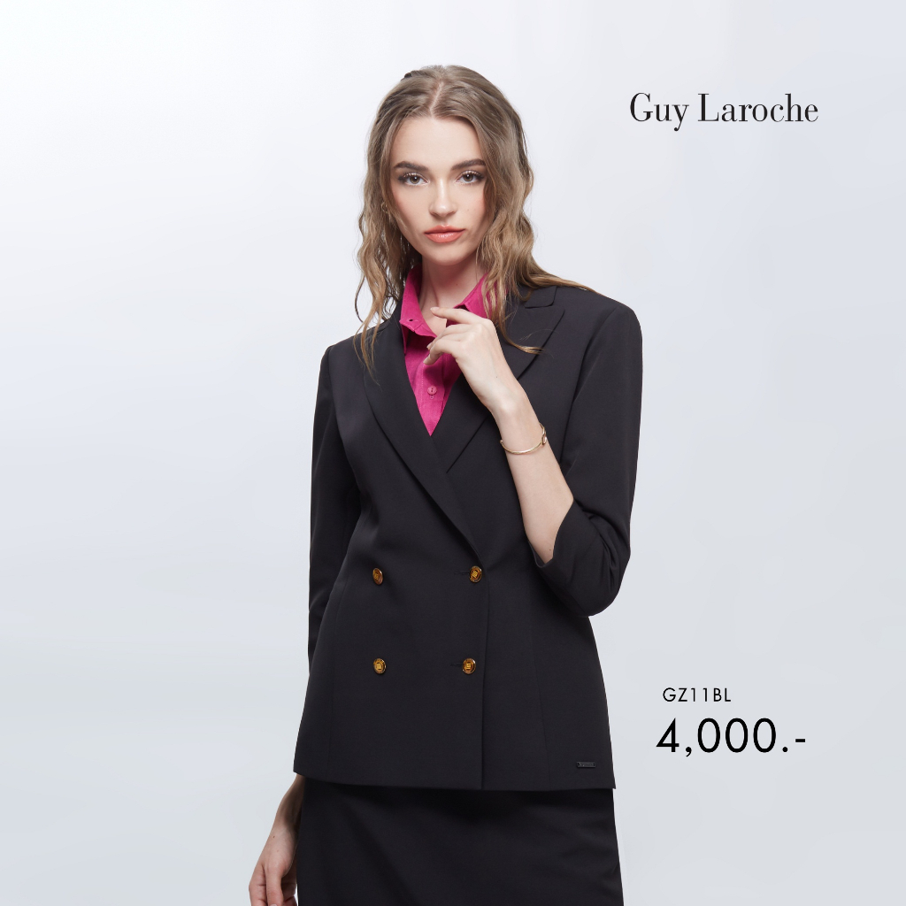 Guy Laroche woman’s jacket King Suiting แจ็คเก็ตทำงานผู้หญิง ทรงเข้ารูป แขนสามส่่วน แต่งกระดุม 4 เม็ด สีดำ GZ11BL – โปรปัง