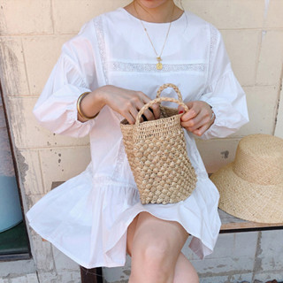 พร้อมส่ง เดรสสั้น สีขาว คอกลม ทรงเรียบร้อย น่ารักมากๆ