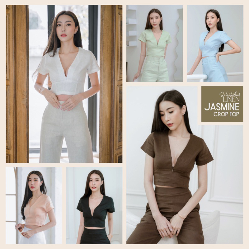 SelectedLook Jasmine Crop Top เสื้อลินินแท้ แขนสั้น คอวี มีซิปหน้า