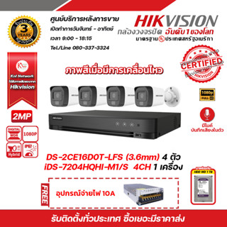 HIKVISION ชุดกล้อง 4 ตัว iDS-7204HQHI-M1/S, DS-2CE16D0T-LFS (3.6 mm) ฟรี HDD WD 1TB, อุปกรณ์จ่ายไฟ 10A