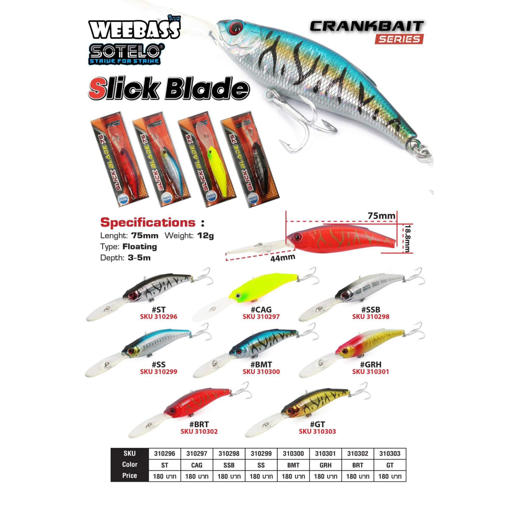 เหยื่อปลอม WEEBASS SOTELO - รุ่น SLICK BLADE 75 M8989 (75mm) เหยื่อปลั๊ก