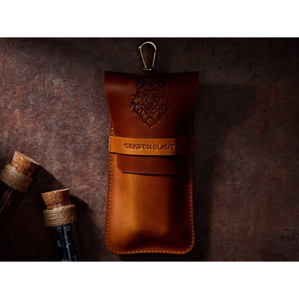 Dire Wolf RPG Double Potion Bag | Large Dice Bag | Tan Leather Bag With Dice Potion Flask Set | Dice