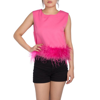 SHU APPAREL FEATHER-TRIM CROPPED TANK TOP #1 - PINK