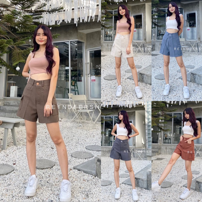 ᴄᴀʀɢᴏ sʜᴏʀᴛs กางเกงขาสั้น คาร์โก้ เอวสูง กระดุมหน้า กระเป๋าสองข้าง