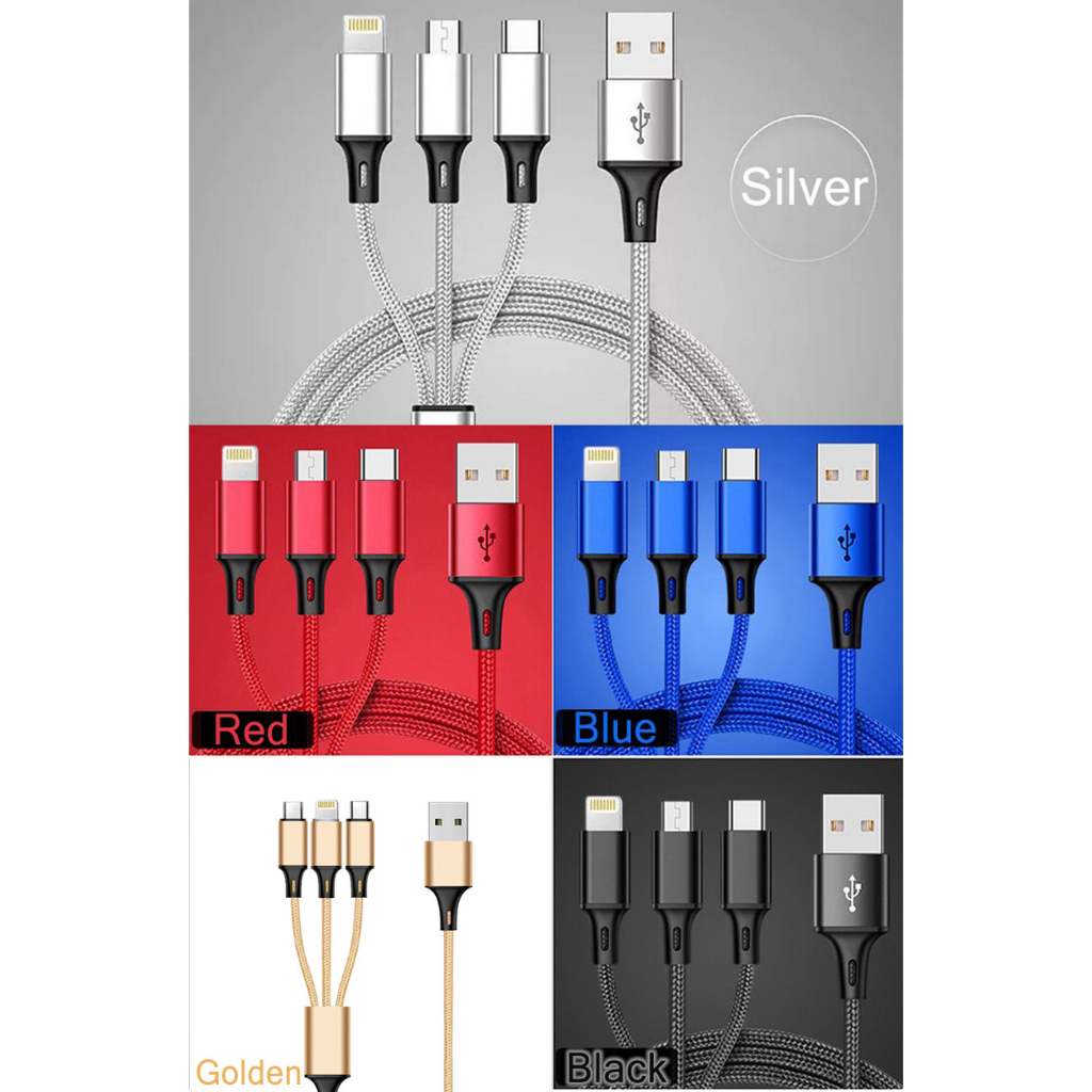 2025 รุ่นใหม่สุด 3 in 1 USB สายชาร์จมัลติฟังก์ชั่นถักไนลอน สายชาร์จสายสำหรับ iPhone/Android/Type-C ( มี5สีให้เลือก)