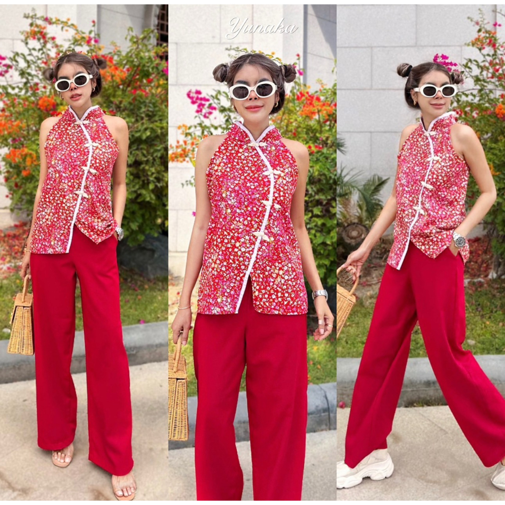 CHINESE DAY SET (พร้อมส่ง) SET เสื้อแขนสั้นคอจีน ผ้าลายดอกสวยสดใส มาพร้อมกางเกงทรงเก๋สุด ต้อนรับ วันตรุษจีน