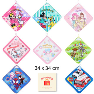 ผ้าเช็ดหน้า ผ้าเช็ดมือ มีห่วงคล้อง 34x34 ซม. Pokemon Mickey เจ้าหญิง Kitty ผ้าขนหนู