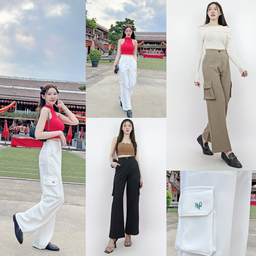 ขาว/นู้ด/ฟ้า/น้ำตาล/เขียว SLYQ MADE 🐰 TAILORED CARGO PANTS กางเกงคาร์โก้ ขายาวปักโลโก้ เอวสูง