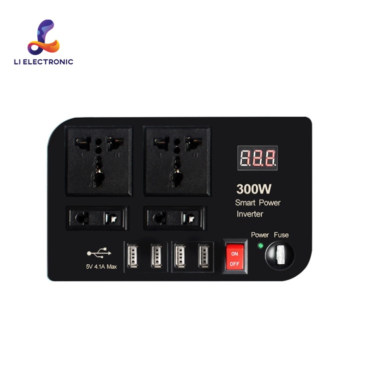 300W ปลั๊กจุดบุหรี่ Smart Power Inverter DC 12V to AC 220V 50Hz w/4 USB 5v4.1a Ports 4 AC Outlets