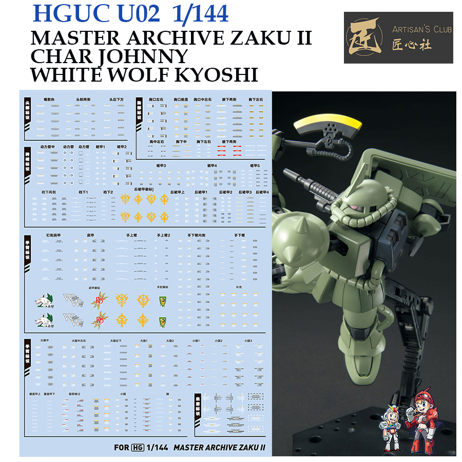 ดีคอลน้ำ [ARTISAN'S CLUB] HG U02  HG 1/144 MASTER ARCHIVE ZAKU II CHAR JOHNNY WHITE WOLF KYOSHI WATE