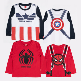 Marvel Boy Long Sleeve T-shirt Spider-Man&amp;Captain America - เสื้อยืดเด็กลายสไปเดอร์แมน กัปตันอเมริกา มีกระเป๋าด้านหลัง สินค้าลิขสิทธ์แท้100% characters studio