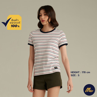 Mc Jeans เสื้อยืดแขนสั้นผู้หญิง คอกลม ลายริ้ว สีขาว MTSZ972