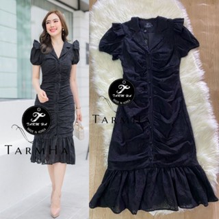 เดรสดำออกงาน!!! S-6XL Dress เดรสสีดำผ้าปักฉุลายกระดุมหน้า งานป้าย Tarm Ha