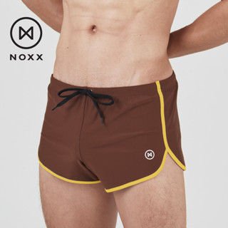 Noxx Swim Shorts: กางเกงว่ายน้ำ ขาสั้น สีน้ำตาล กุ๊นเหลือง