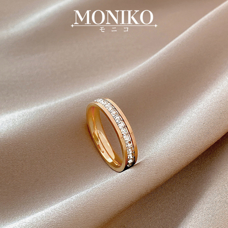 MONIKO แหวนเพชรไทเทเนียมเหล็กและแถวคู่ 24K สีโรสโกลด เข้ากับทุกการแต่งกาย สําหรับผู้หญิง ราคา ถูกที่สุด ดีลบีเคเค แกลเลอรีภาพที่ 9