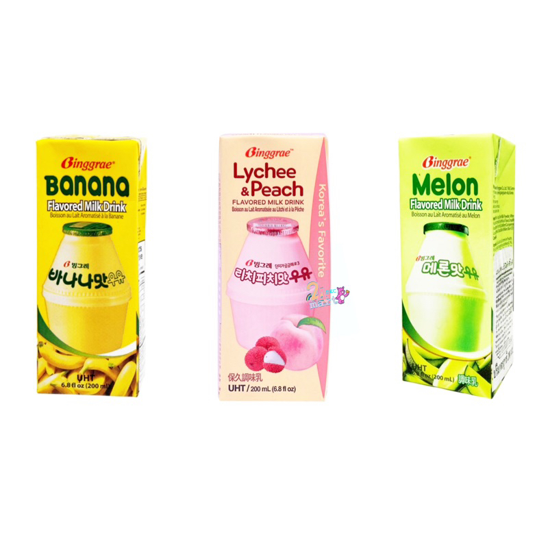 นมกล้วยเกาหลี 🇰🇷 binggrae banana Melon Lychee &amp; peach flavor milk 200g. UHT บิงเกร Binggrae Banana milk 빙그레 바나나맛 우유 음료