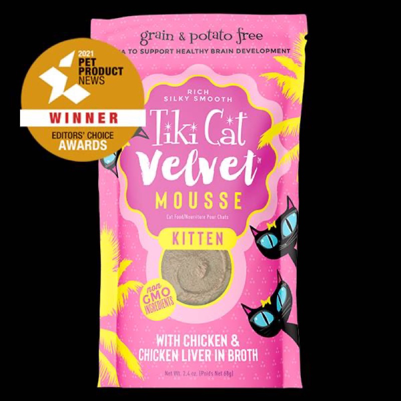 อาหารแมวเปียก เนื้อมูส Tiki Cat Velvet Mousse อาหารเนื้อมูสสำหรับแมวรสไก่และตับไก่ในน้ำซุป 80 กรัม/ซ