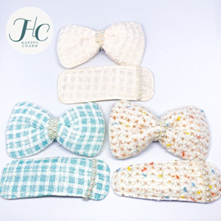 เซต2ชิ้น กิ๊บติดผมผ้าทวีต ประดับมุก สวยหวาน ลูกคุณหนู ตัวใหญ่ 8cm หนีบแน่น