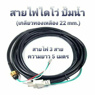 สายไฟไดโว่ ปั๊มน้ำ ปั๊มแช่ เกลียวทองเหลือง ขนาด 22mm. สายไฟ 3 สาย  ยาว 5 เมตร มีปลั๊กในตัว สายไฟทองแดงแท้