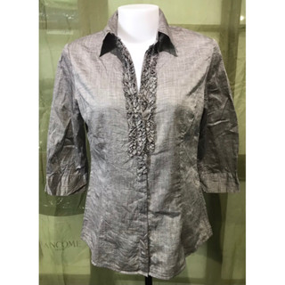 อก 36” เสื้อคอปกแขนสามส่วน กระดุมซ่อน ผ้าคอตตอน (5329) งานของญี่ปุ่น มือสอง สภาพใหม่
