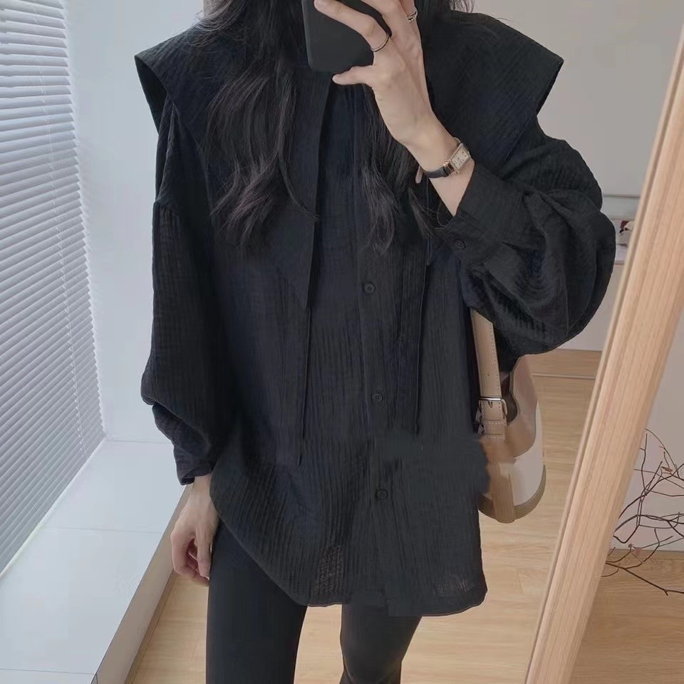 MU2927 เชิ้ตเสื้อแฟชั่นสาวเกาหลี สีขาว/ดำ อก50++ คอปก แขนพอง น่ารักมากๆ