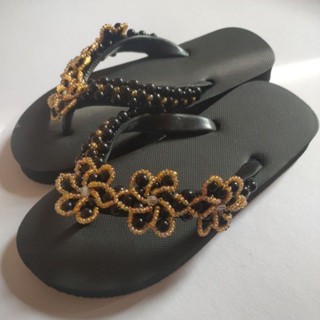 รองเท้าลูกปัดรองเท้าแฮนด์เมดปักมุกรุ่นดอกไม้ทองสามดอก