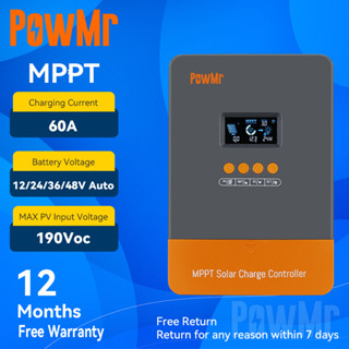 Powmr ใหม่ล่าสุด อุปกรณ์ควบคุมการเก็บประจุพลังงานแสงอาทิตย์ MPPT 60A 12V 24V 36V 48V MAX PV อินพุต 190Voc รองรับแบตเตอรี่ Lifepo4