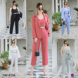 TT18356 set 3 ชิ้น เสื้อ Blazer แขนยาว + เสื้อครอป + กางเกงขายาว .set 3 pieces Long sleeve blazer + crop top + trousers