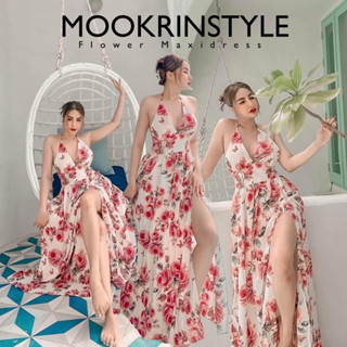 🌷MOOKRINSTYLE🌷 เดรสสีขาว ผูกหลัง  ดีเทลผูกคอ เอวสม้อคด้านหลัง ผ้าพิมพ์ลายดอก เดรสผู้หญิง เดรสไปทะเล