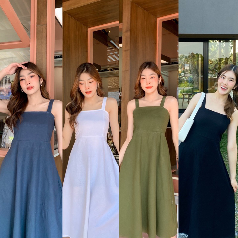 เดรสยาว,สายเดี่ยว,ผ้าฝ้าย,กระโปรงพริ้ว,กระโปรงบาน,สมอค,คอเหลี่ยม,ชุดกระโปรง,dress
