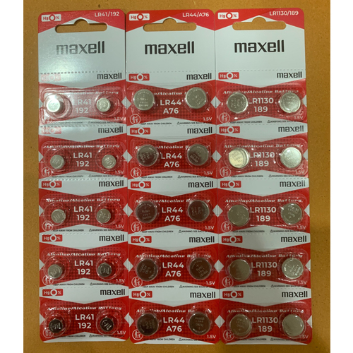 ถ่าน maxell LR41 ,LR43, LR44, LR1130 Alkaline 1.5V แท้100% จำหน่ายยกแผง มี10ก้อน