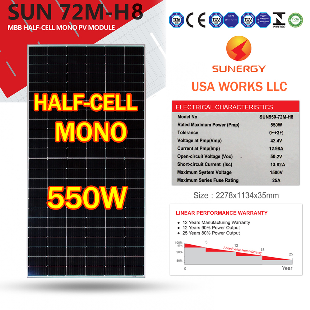 (สั่งซื้อบิลละไม่เกิน 5 แผง) Sunergy แผงโซล่าเซลล์ 550W Mono Half Cell รุ่น SUN550-72M-H8