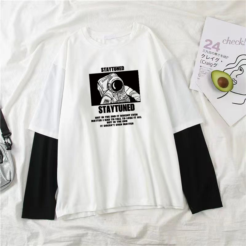 LDF New! เสื้อแฟชั่นผู้ชาย เสื้อแขนยาว เย็บต่อกันปลอมสองชิ้น (สีดำ สีขาว) NTC11