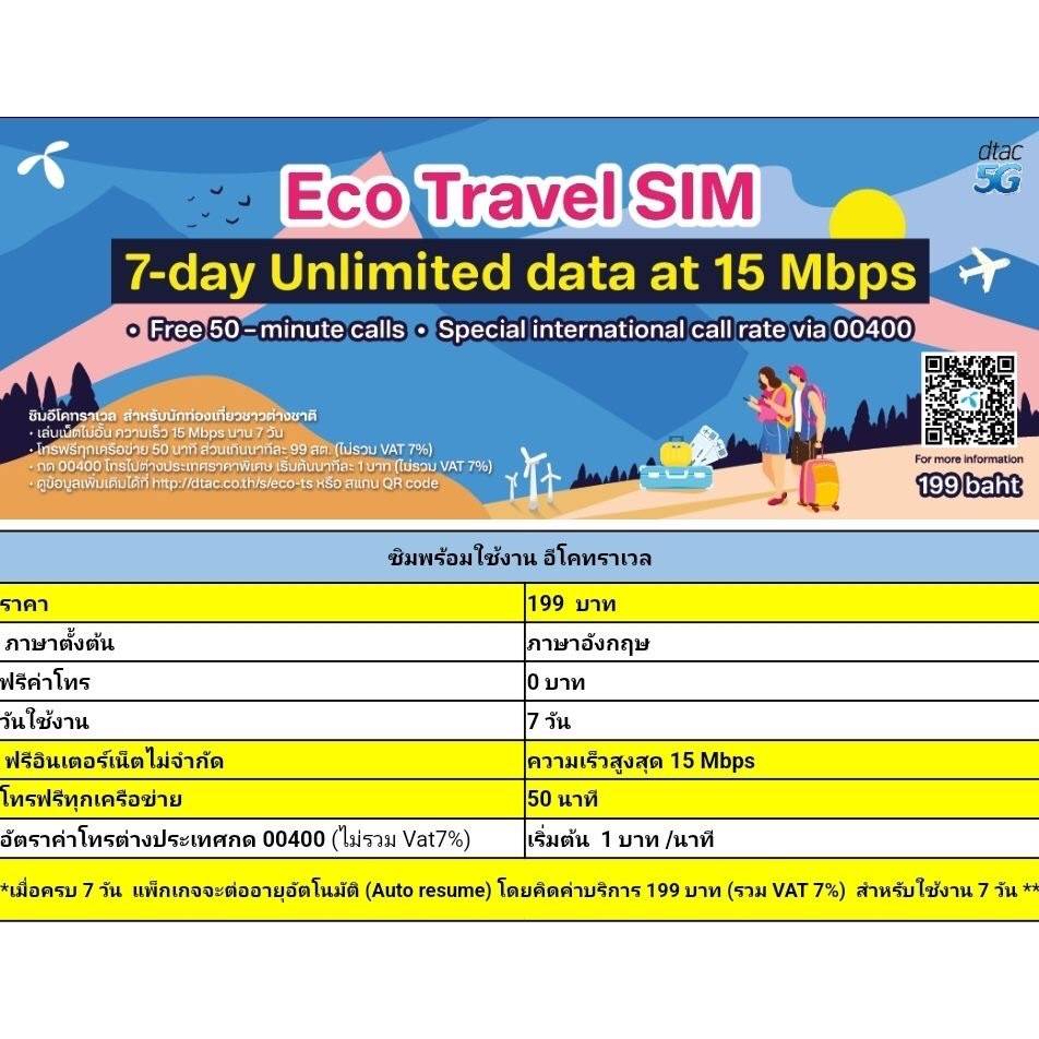 DTAC Eco travel Sim ซิมเนตไม่อั้นพร้อมใช้งาน7วัน