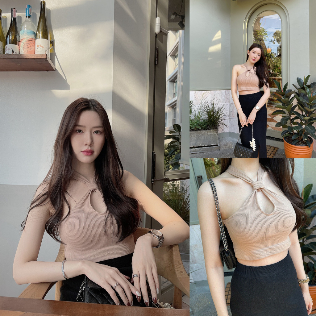 ขาว/เบจ/น้ำตาล/ฟ้า 🦋 SLYQ WOGGLE RIBBED SLEEVELESS CROP TOP เสื้อกล้ามแขนกุดคอหยดน้ำ เสื้อครอป