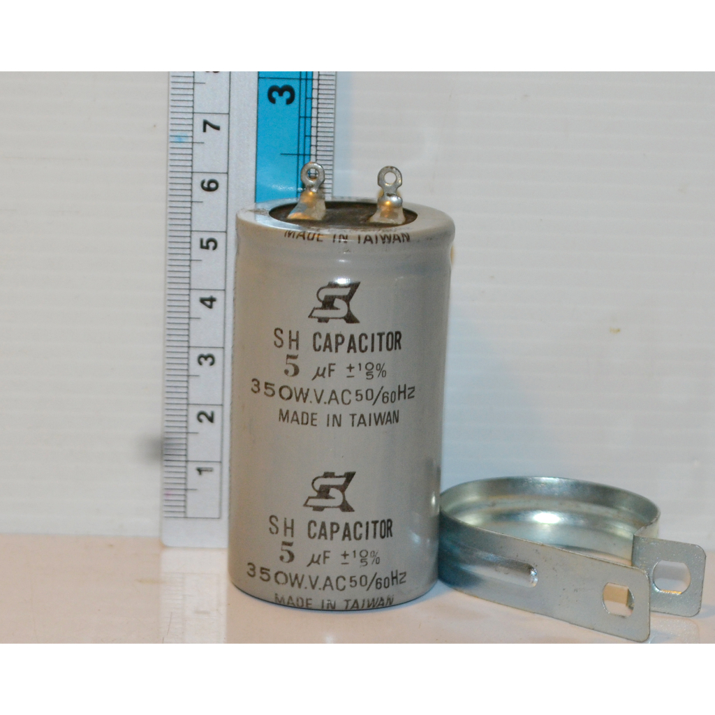 คาปาซิเตอร์ สตาร์ท มอเตอร์ พัดลม capacitor start 5 uf mfd 350 vac พร้อมเข็มขัดรัด