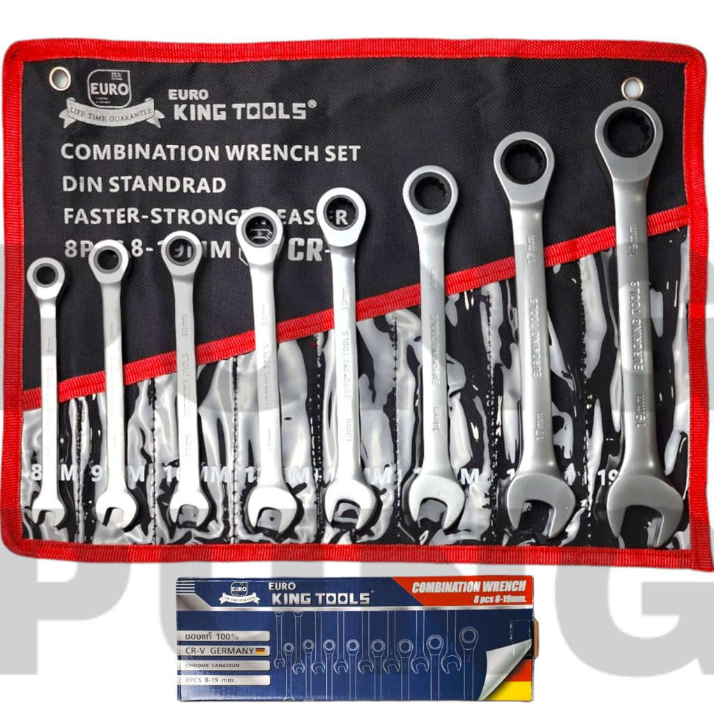 Euro King Tools ประแจแหวานข้าง ปากตาย แหวนข้างฟรี แหวนก๊อกแก๊ก เบอร์ 8-19 มม 8 ตัวชุด