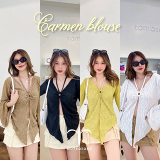 Mute - Carmen blouse เสื้อเเขนยาวคุณหนู เเต่งห่วงผูกโบว์ผ้ามีเท็กเจอร์ชุดไปทะเลสไตล์ Y2k